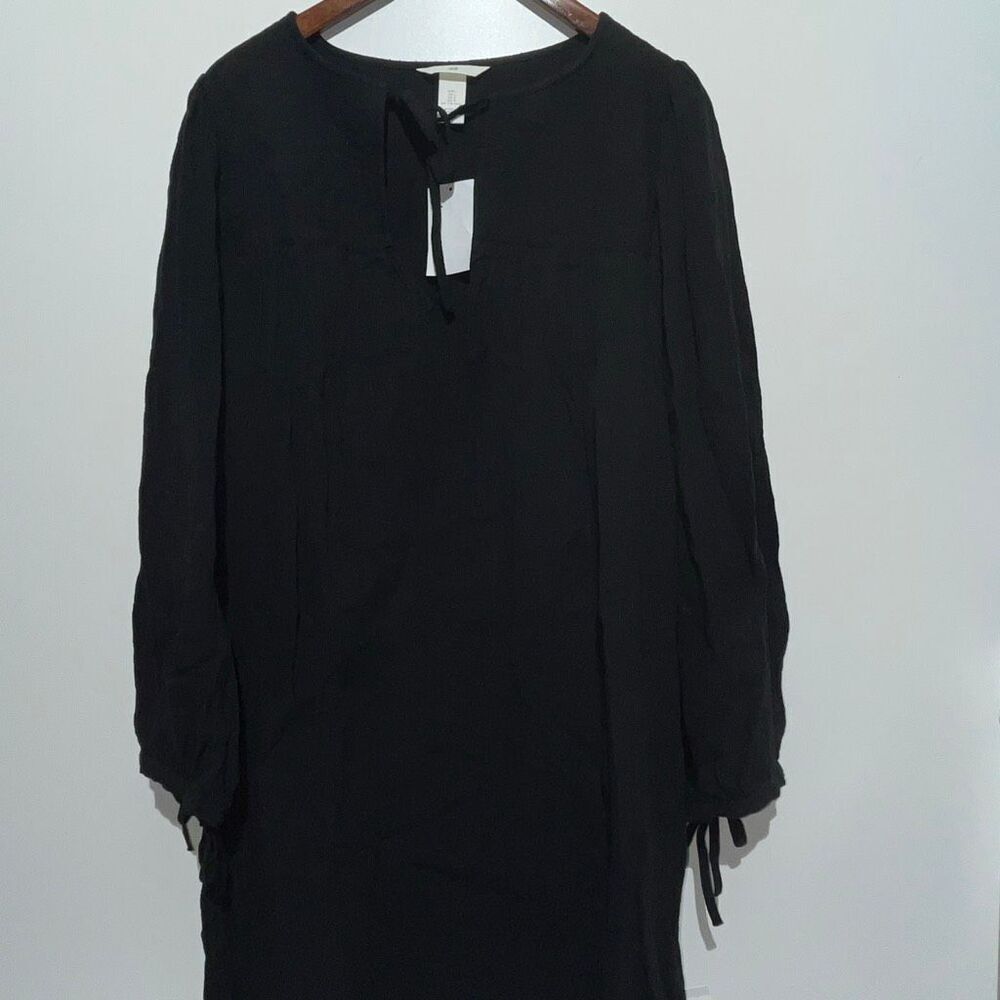 HM Womens Black Embroidered Long Sleeve Tunic Dress‎ Split Neck Tie Size L NEW